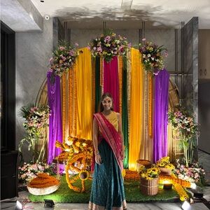 Vibrant Traditional Outfit with Pink and Green Accents